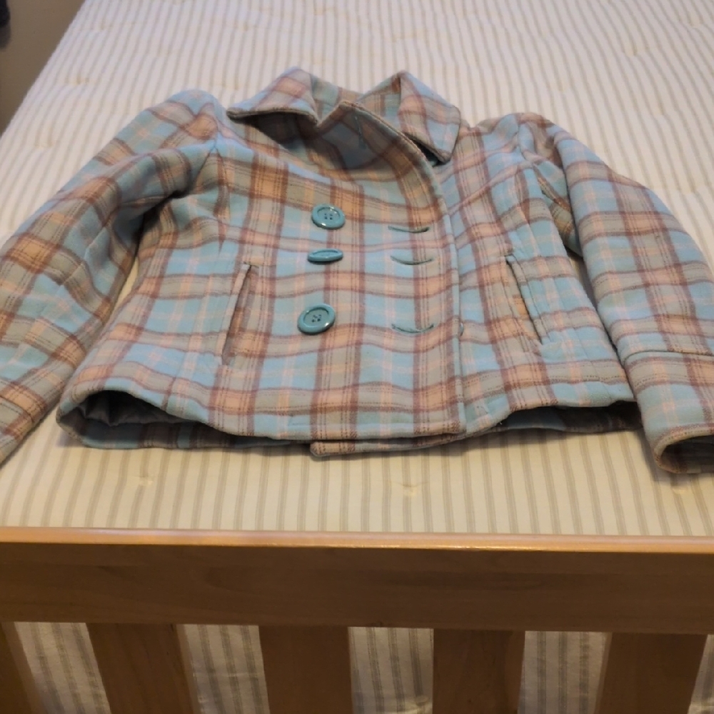 American Eagle Outfitters Kids Plaid Pea Coat - Light Blue and Beige